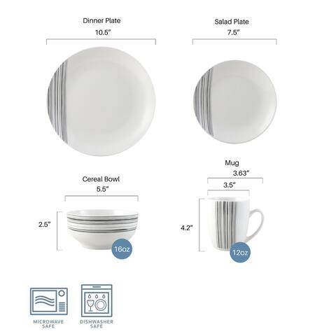 Studio Nova Brushed Lines Blk 16pc Dinnerware Set, Porc, Serv for 4 - 16-pc