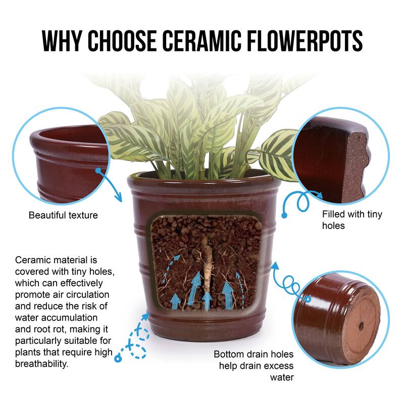 Handmade Glazed Ceramic Planter Set of 3, 16/13/10 Inch Diameter, Horizontal Rib Design