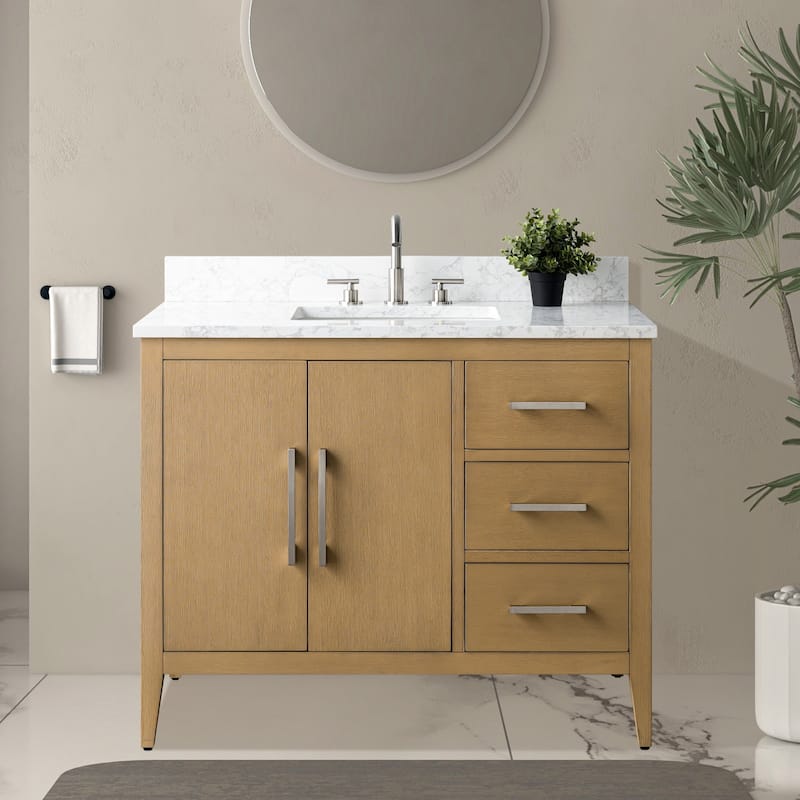 Vanity Art 42" Single Sink Bathroom Vanity Cabinet with Engineered Marble Countertop - 42"/Brushed Nickel Handle - Natural Oak