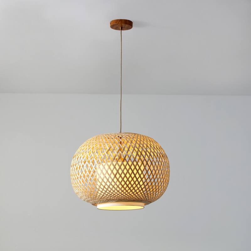 VidaLite FOS - 1 Light Pendant 19.5 in. Natural Woven Bamboo Linen Shade and Brushed Brass Accents, Adjustable Height