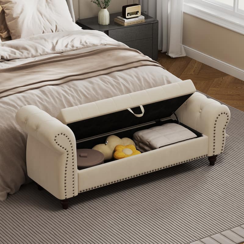 64.5" Bed Bench for Bed Room Nails Tufted Chaise of Lounge with Storage Velvet Upholstery Beige