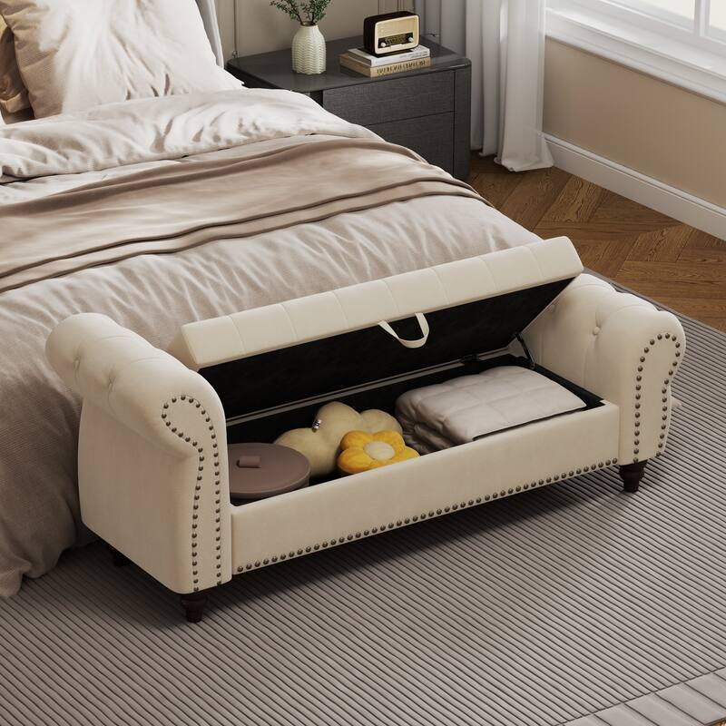 64.5" Storage Bench for Bedroom, Large Capacity Upholstered Ottoman, End of Bed Tufted Chaise Lounge with Rolled Arm