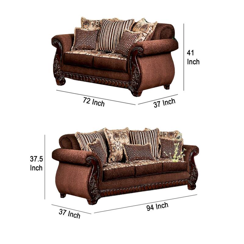 Nadira 2pc Sofa Loveseat Set, Brown Faux Leather, Gold 5 Throw Pillows