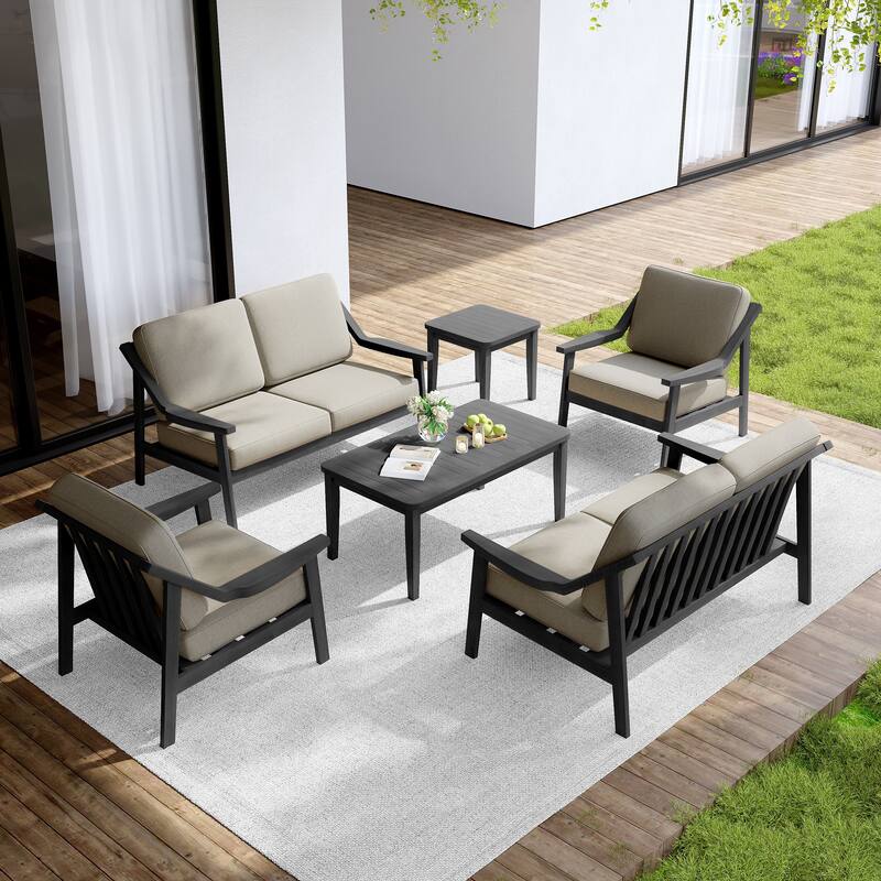 Outdoor Conversation 6 Seater Patio Chat Set with Cushions and Table - Dark Wood - Light Camel