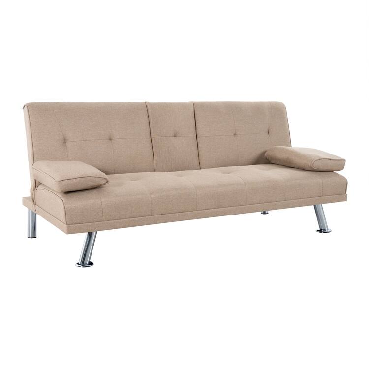 Futon Sofa Bed Couch with Armrest & Cupholders, Faux Leather Sofa Bed Couch Convertible Folding Reclining Small Couch