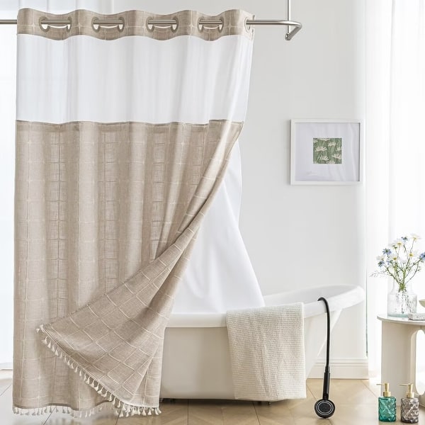 slide 2 of 40, No Hook Geometric Tassels Shower Curtain with Snap-in Liner