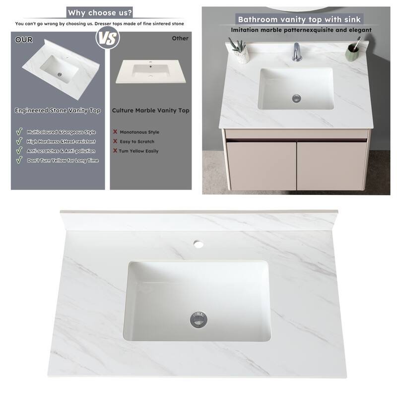 37" Marble Vanity Top with 1 Pre-drilled Faucet Holes, Undermount Sink