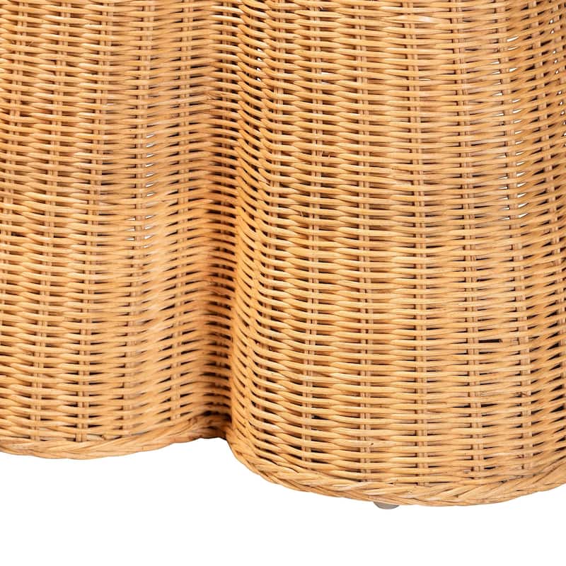 Chica Scalloped Natural Rattan Console Table with Drawer - Handwoven Wicker Accent Table with Flared Skirt, Coastal Boho Style