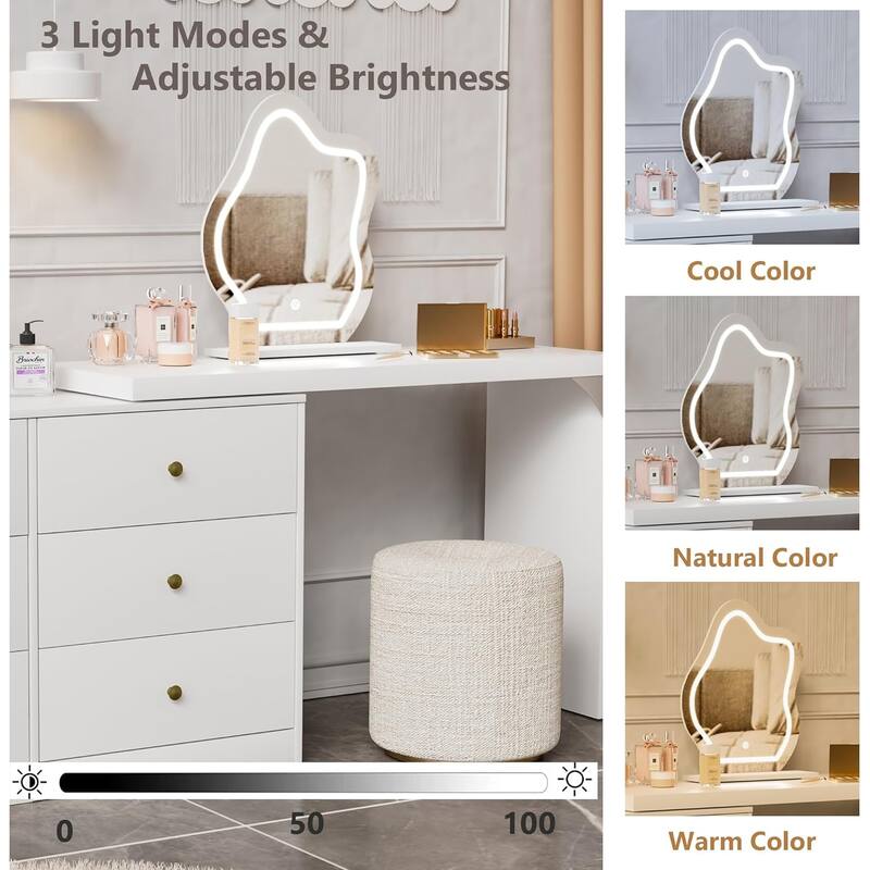 Vanity Desk with Lighted Mirror, Extendable Vanity Table with 6 Drawers