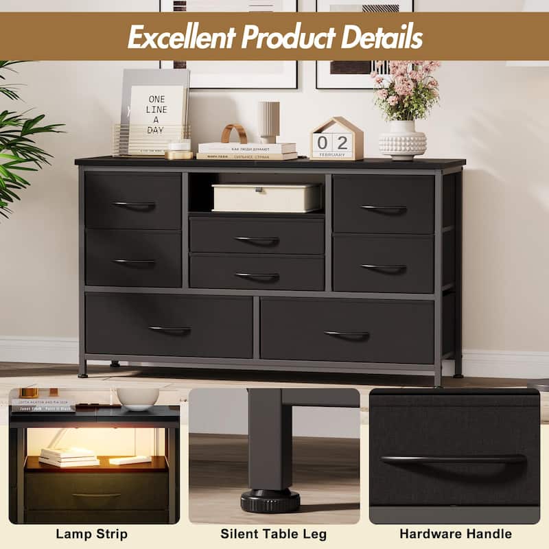 8-Drawer Fabric TV Stand with LED Lights & Built-in Power Outlets
