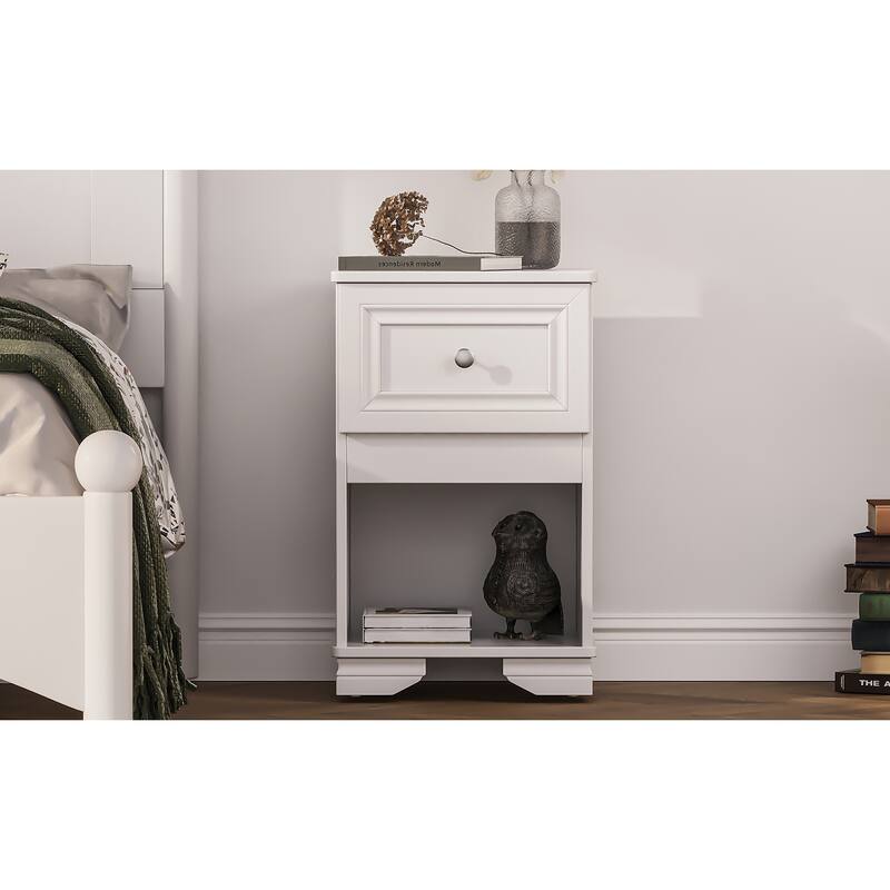 Retro Style Nightstand, Bedside Storage Cabinet with Open Shelves, Side Table with Drawer with Metal Handles, Coffee Table