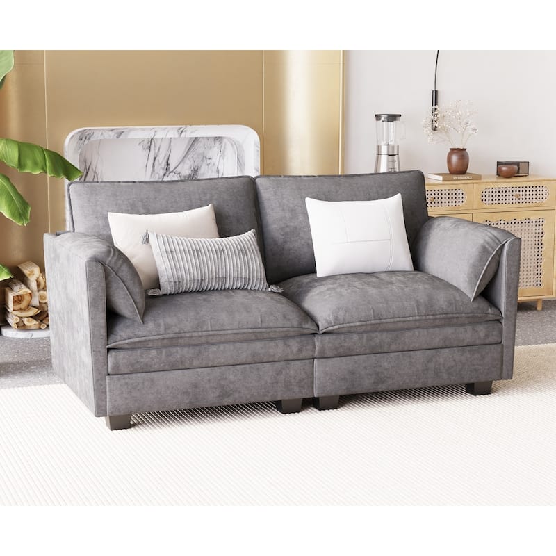 Solid Wood Loveseat Sofa, Fabric Upholstered Straight-Row 2 Seat Sofa, Lounge Sofa with Armrests for Small Spaces, Bedroom