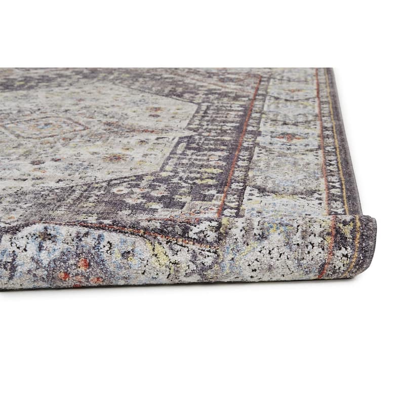 Matana Space Dyed Medallion Area Rug, Light Gray/Plum/Rust