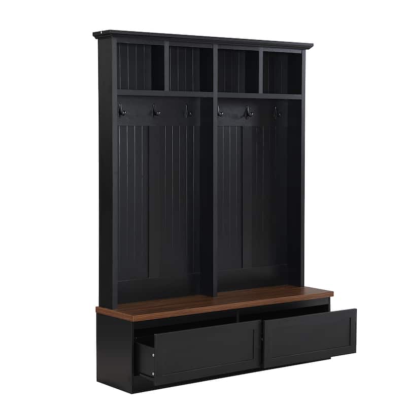 4-in-1 Hall Tree with Storage Bench & 6 Black Hooks, Wood Coat Rack with 2 Large Drawer & Curved Top