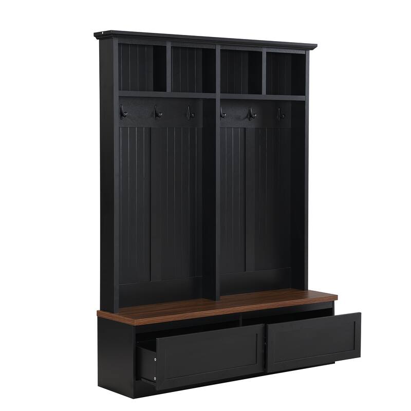 4-in-1 Wood Grain Entryway Hall Tree Storage Cabinet, Curved Top Shoe Cabinet Coat Rack with Drawers
