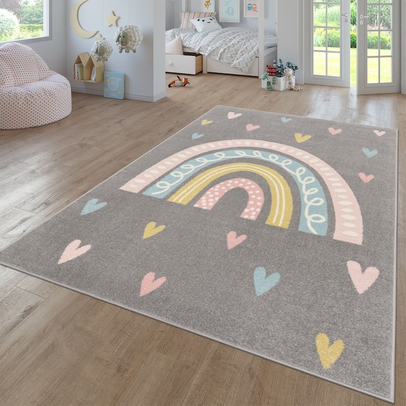 Kids Rug with Rainbow and Hearts in Pastel Colors - 3'11" x 5'3" - grey