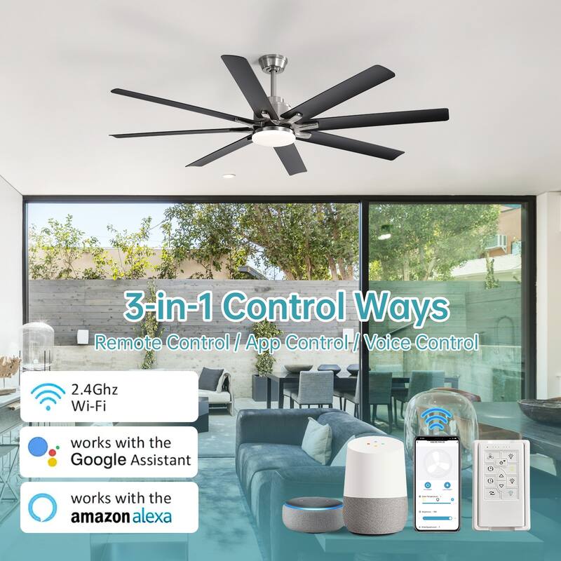 52 Inch/66 Inch/72 Inch Modern Ceiling Fan with Dimmable LED Light ,Remote&APP Control,8 Blades for Large Living Room,Porch