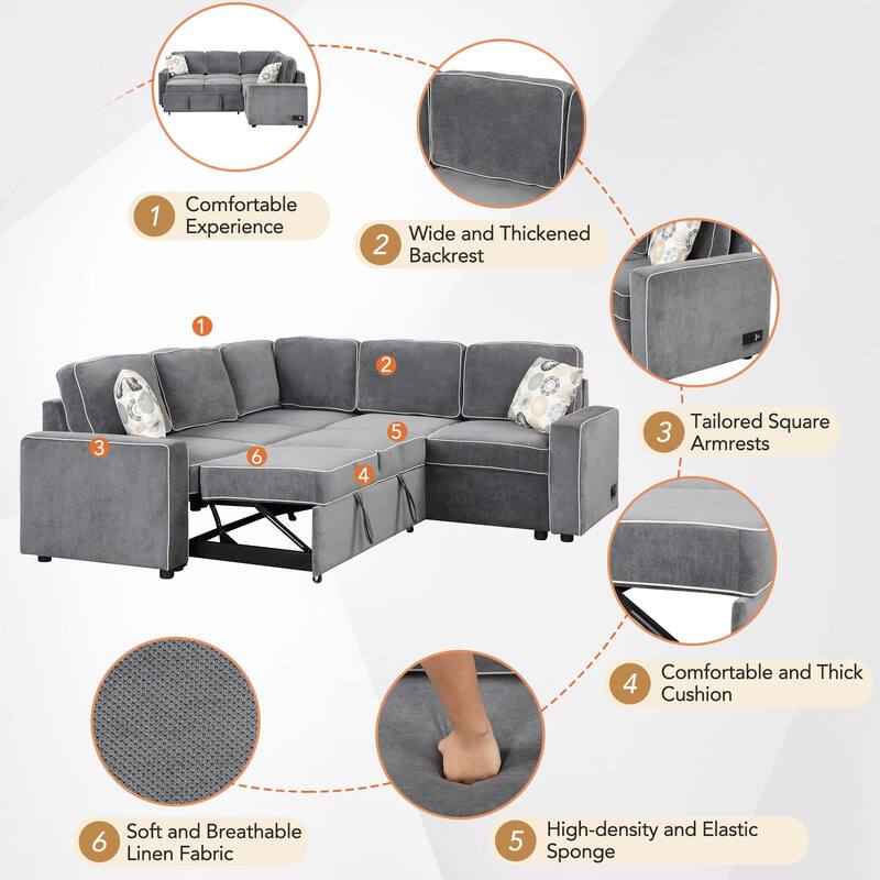 L-Shaped Pull Out Sofa Bed Modern Convertible Sleeper Sofa with 2 USB ports, 2 Power Sockets and 3 Pillows