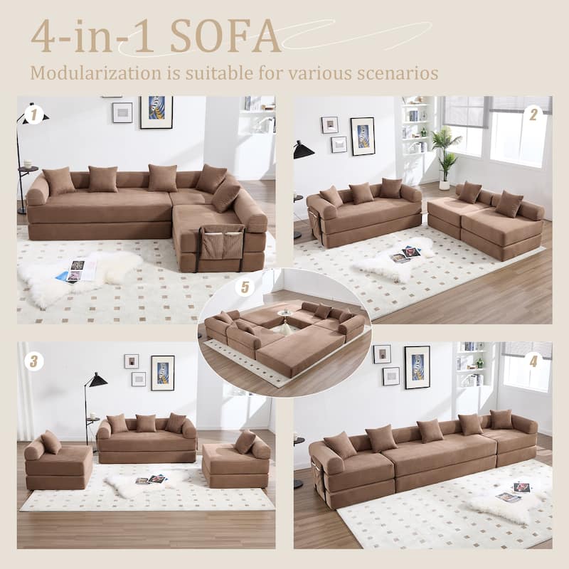 HOMEFUN Corduroy Upholstered Convertible Folding Sofa Bed with Fixed Frame and Pillow Back Handrail