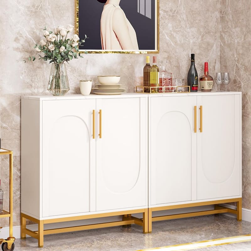 Modern Sideboard Buffet Cabinet Faux Marble with Adjustable Shelf, Storage Cabinet for Living Room/Kitchen/Dining Room/Hallway - White