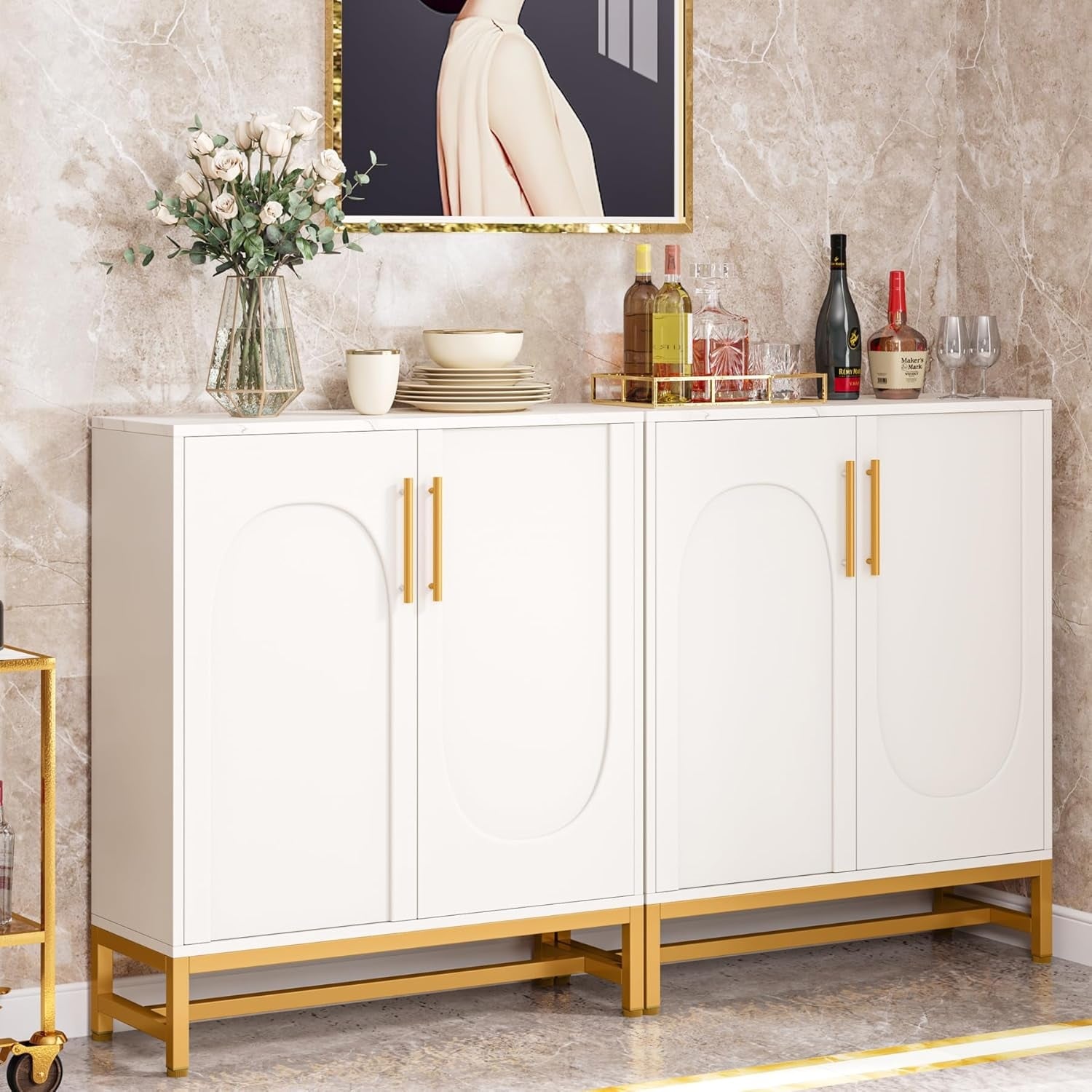 Modern Sideboard Buffet Cabinet Faux Marble with Adjustable Shelf, Storage Cabinet for Living Room/Kitchen/Dining Room/Hallway