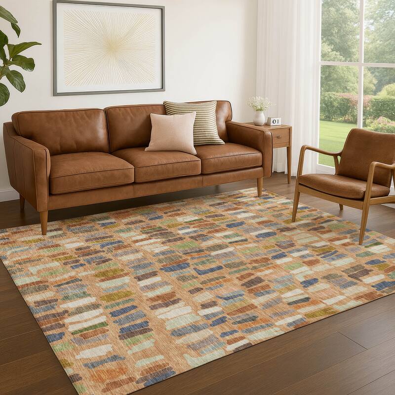 Machine Washable Indoor/ Outdoor Modern Mosaic Chantille Rug