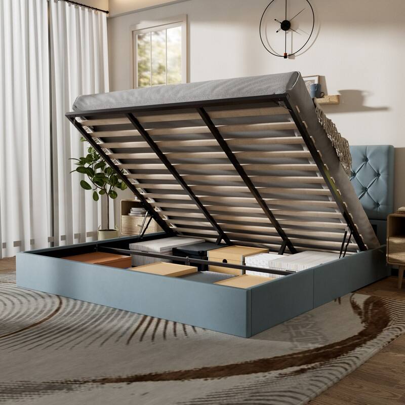 Plywood Frame Upholstered Platform Bed with Lift-up Storage Supported by Metal and Wooden Slats