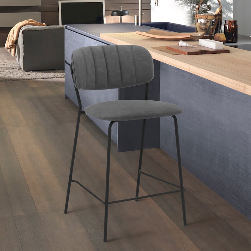 Carlo 26" Counter Stool, Gray Faux Leather and Black Metal