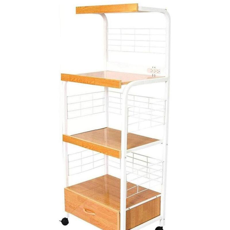 59.5" Tall 3-Tier Microwave Kitchen Cart With Drawer And Outlet(no include stool) - Natural+White