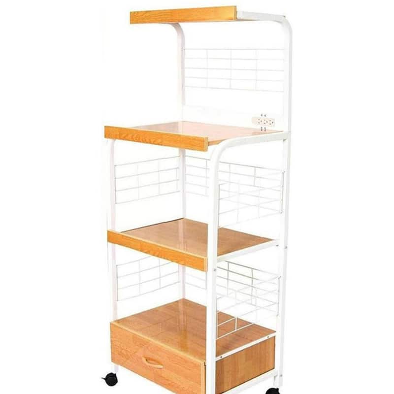 59.5" Tall 3-Tier Microwave Kitchen cart with Drawer and Outlet, White and Natural
