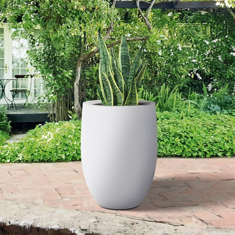 Plantara 22"H Solid White Tall Concrete planter, Modern Decorative Pot with Drainage Hole & plug, Round Plant pot for Outdoor