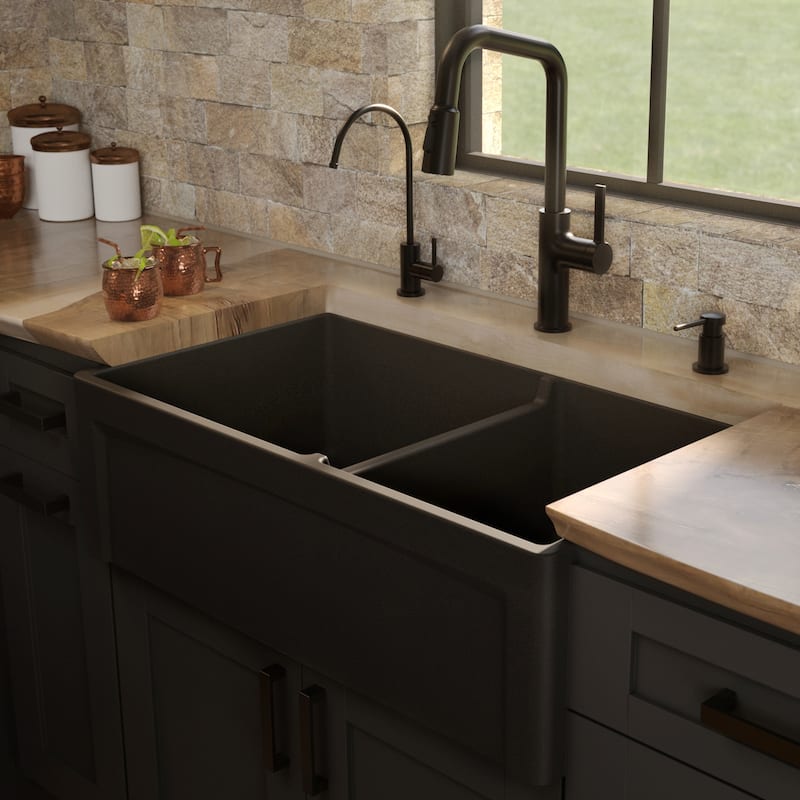 Karran 33" Double Bowl Panel Front Farmhouse Fireclay Kitchen Sink with Reversible Apron Front