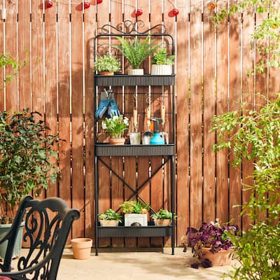 Glitzhome 68"H 3 Tier Shelving Black Metal Plant Stand Kitchen Shelf Multifunctional Storage Rack for Indoor Outdoor