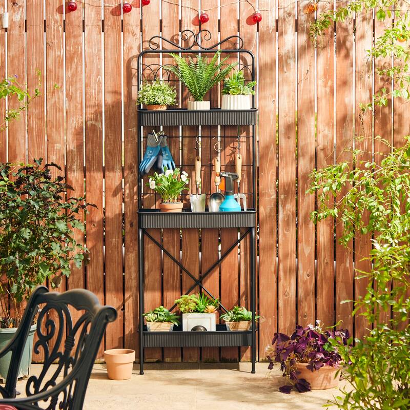 Glitzhome 68"H Multifunctional Metal Plant Stands Black Planter Storage Flower Pot Shelf with Anti-slip Pads