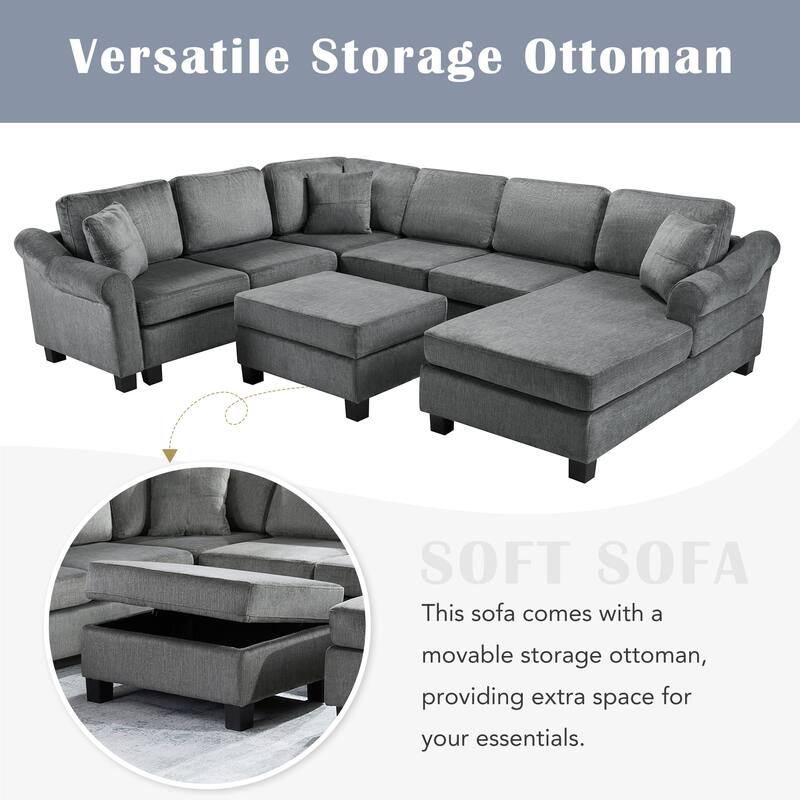 111.8" U-Shaped Chenille Sectional Sofa with Movable Storage Ottoman, Roll Arms and Accent Pillows for Living Room
