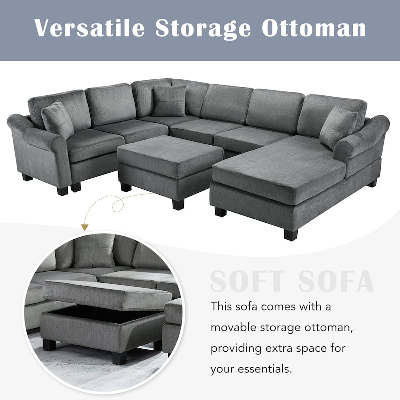 Roomfitters U-Shaped Chenille Sectional Sofa with Storage Ottoman, Modern Upholstered Couch for Living Room