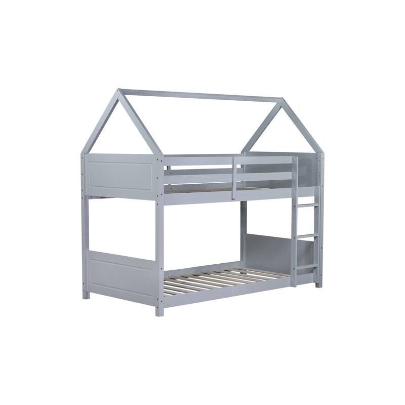 Twin Over Twin House Floor Bunk Bed with Headboards, Footboards, Guardrails, and Ladder, Light Grey