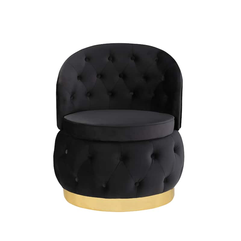 Modern 25.2" Velvet 360° Swivel Buttons Tufted Barrel Chair with Gold Stainless Steel Base and Storage