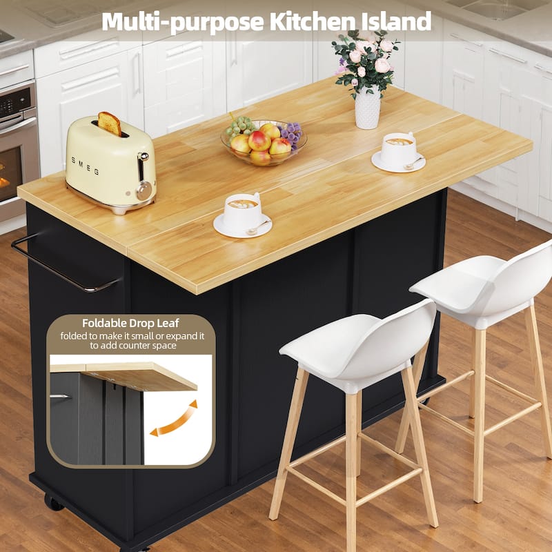 2-Door Kitchen Island with Drawer & Drop Leaf - Mobile Storage Cart on Lockable Wheels for Kitchen, Dining Room, Bar