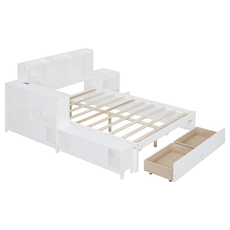 Full Size Wooden Platform Bed with Storage Headboard, Integrated Desk, Nightstand, and USB Ports for Modern Living
