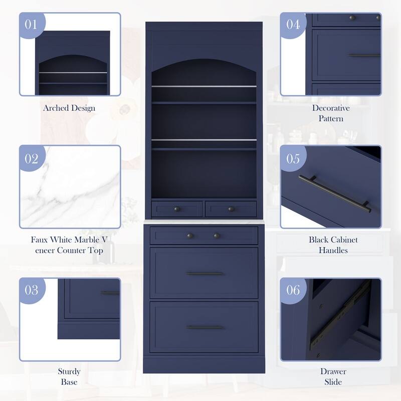 Kitchen Pantry with Countertop, Tall Freestanding Storage Cabinet with 5 Storage Drawers & Adjustable Shelf
