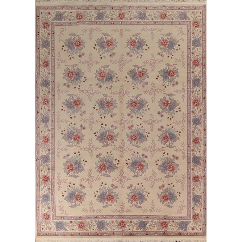 Floral Ivory Aubusson Chinese Area Rug Hand-Knotted Wool Carpet - 9'1"x 12'1"