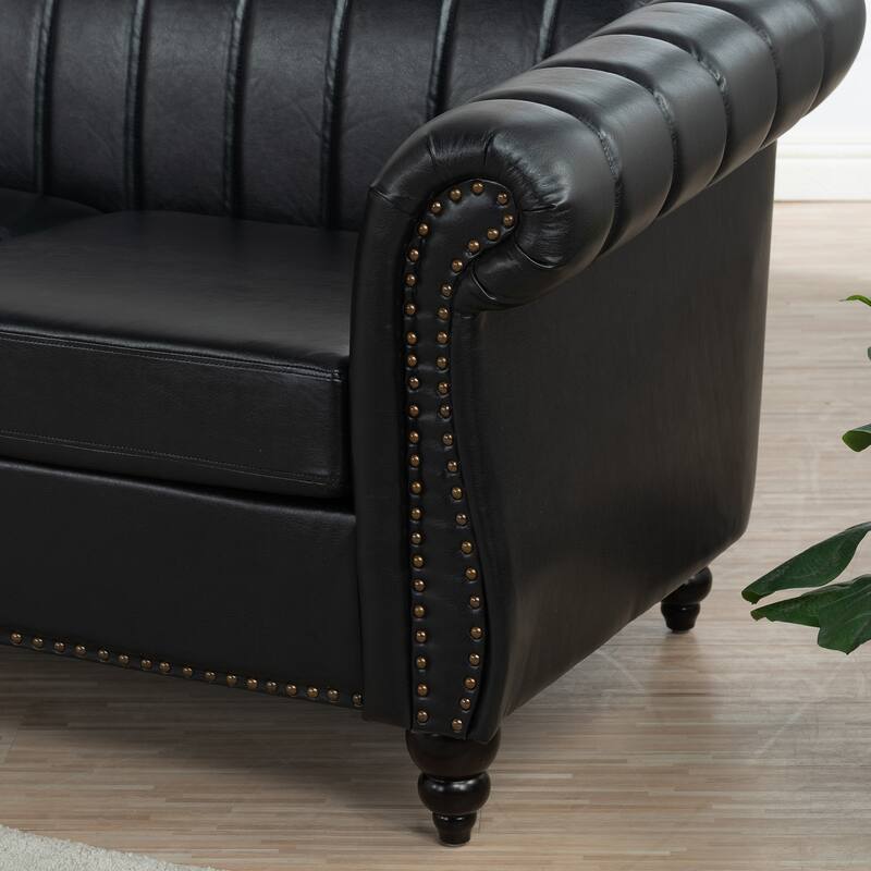 Chesterfield Sofa 83.46" with PU Leather, Quilted Backrest, Birch Legs