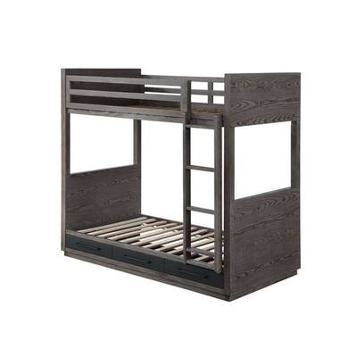Wooden Twin over Twin Bunk Bed with 3 Drawers in Gray Oak