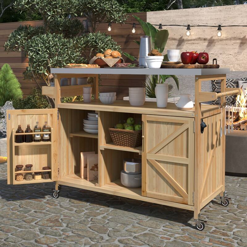 Chichoice Farmhouse Outdoor Kitchen Island with Stainless Steel Top on Wheels - Rolling Grill Cart with Storage for BBQ - N/A - Yellow