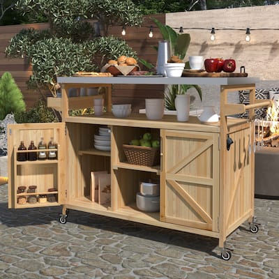 Outdoor Kitchen Island, Rolling Bar Cart & Storage Cabinet,Solid Wood Grill Table with Stainless Steel Top,Spice Rack,Towel Rack