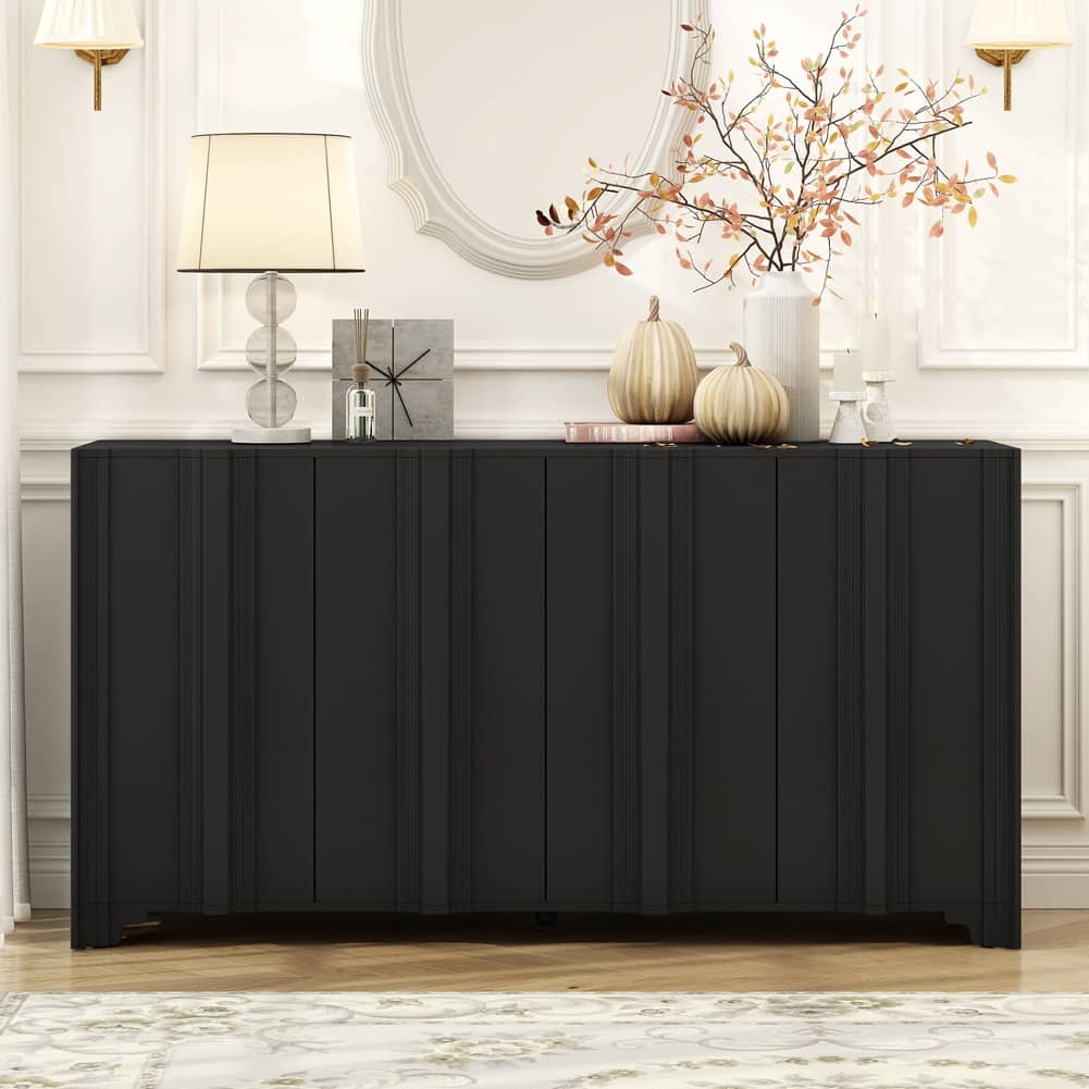 4-Door Sideboard Adorned with Linear Accents and Multi-Layered Pine Veneer Design Elements,Suitable for Living Rooms