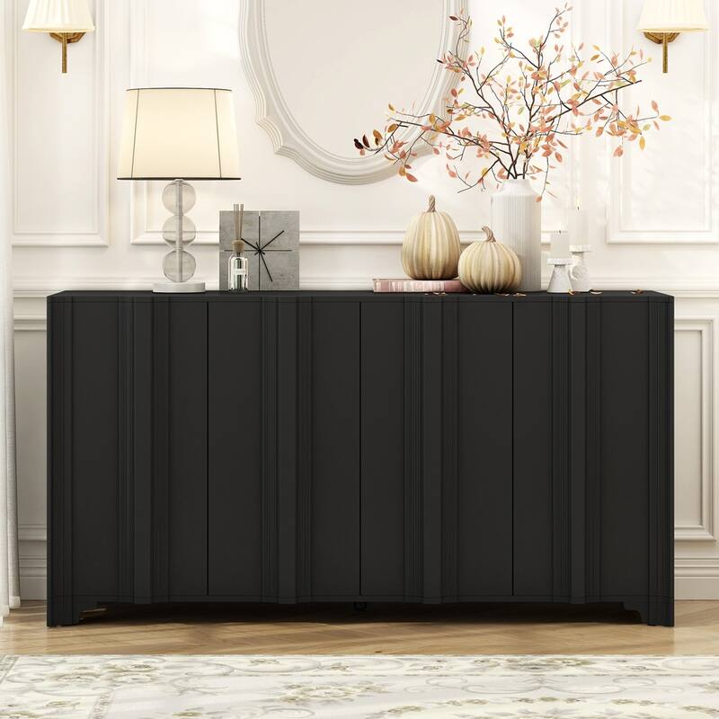 4-Door Sideboard Adorned with Linear Accents and Multi-Layered Pine Veneer Design Elements,Suitable for Living Rooms - Black