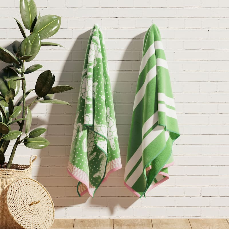 Linery & Co. 100% Cotton Jacquard 2 Pack Summer Beach Towels - 2 Pack- 30" x 60" - Green/White Turtles / Stripe