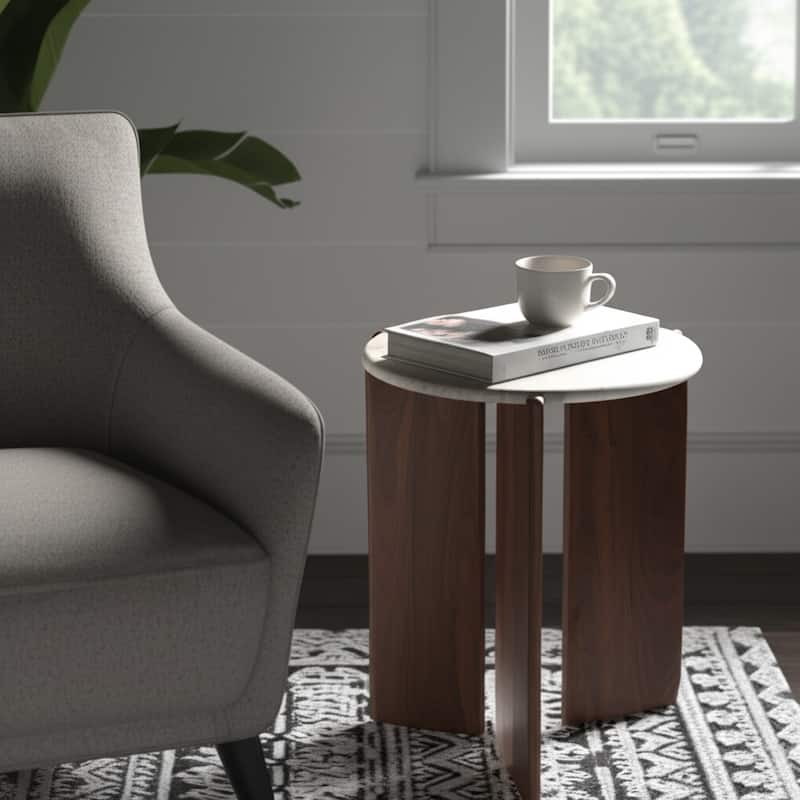 Marble Accent Table Decorative Sculptural Round Wood Base Silhouette - 17" x 17" x 20"